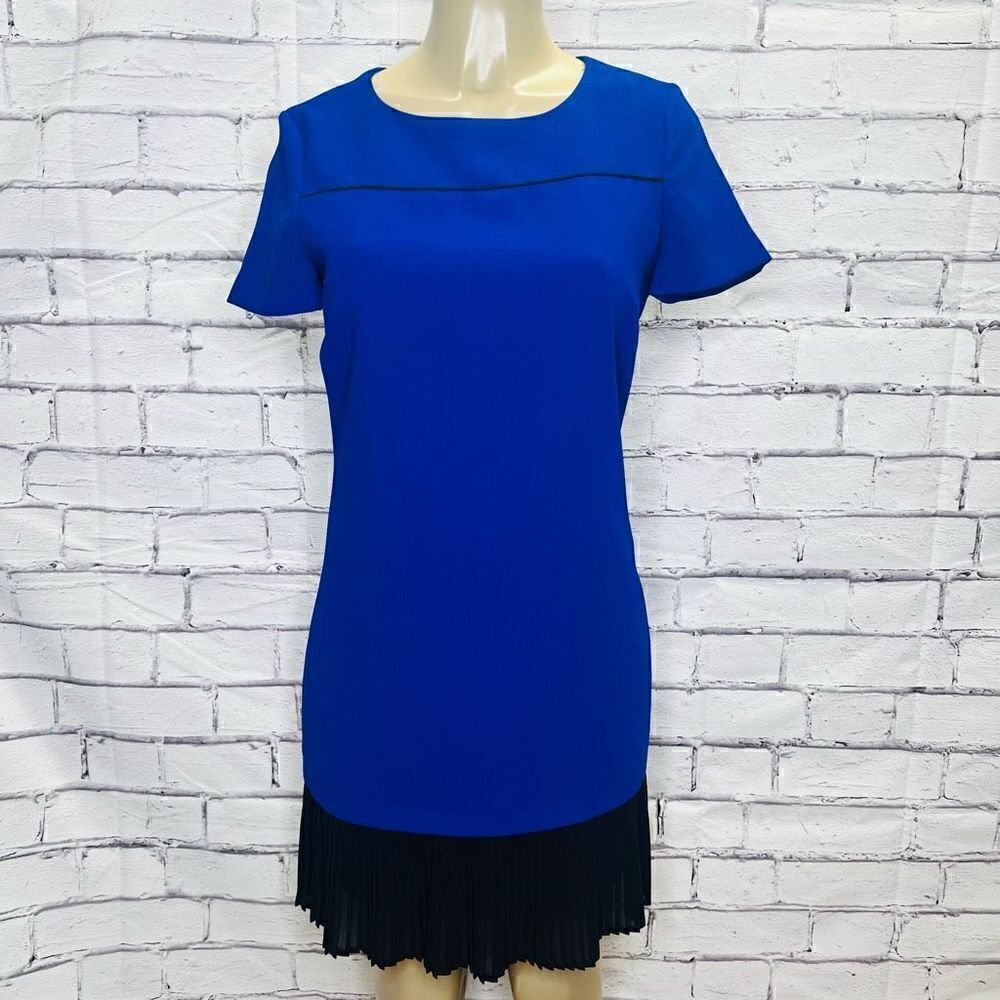 Badgley Mischka Belle Womens Blue Colorblock Pleated Shift Dress Size 6